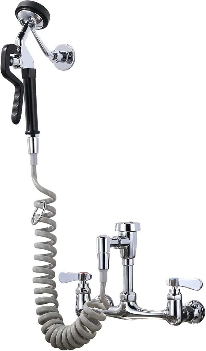 Pet Grooming Faucet, Wall Mount 8" Centers Mixing Faucet, Brass Pet Grooming Unit with Aluminum Spray Valve, Coiled Hose, Vacuum Breaker, Lever Handles for Shower Bathroom Garden Outdoors Sink