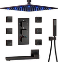 Oil Rubbed Bronze Thermostatic Shower System 4 Way Full Body Shower System with Tub Spout, Luxury 12 inch Ceiling Mounted LED Rain Shower Head, Handhled Spray and 6 PCS Body Jet