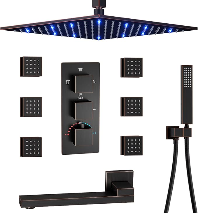 Oil Rubbed Bronze Thermostatic Shower System 4 Way Full Body Shower System with Tub Spout, Luxury 12 inch Ceiling Mounted LED Rain Shower Head, Handhled Spray and 6 PCS Body Jet