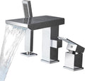 Waterfall Roman Tub Faucet with Hand Shower, Deck Mount Tub Filler Bathtub Faucet with Sprayer, Brass Widespread 3 Hole Bathtub Shower Faucet Set, Chrome