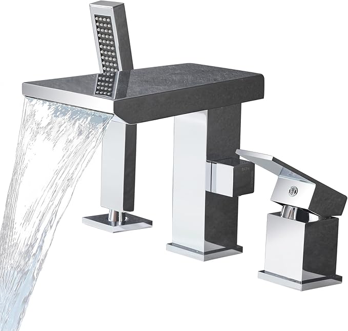 Waterfall Roman Tub Faucet with Hand Shower, Deck Mount Tub Filler Bathtub Faucet with Sprayer, Brass Widespread 3 Hole Bathtub Shower Faucet Set, Chrome