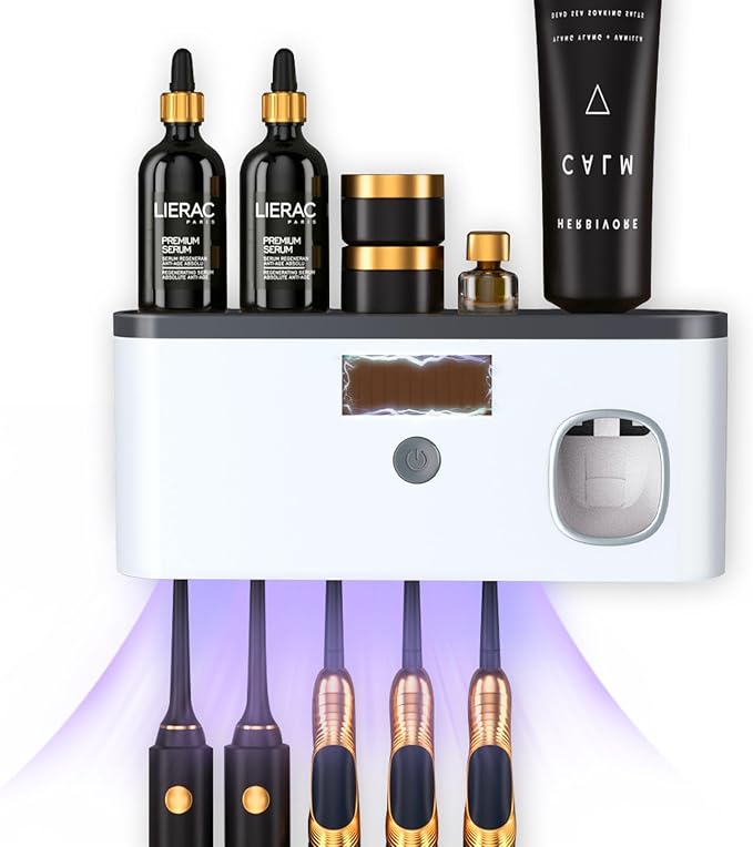 Wall Mounted Toothbrush Holder with Toothpaste Dispenser Electric Toothbrush Holder for Bathroom Solar Charging and No Drilling Required Smart Toothbrush Organizer with 5 Brush Slots