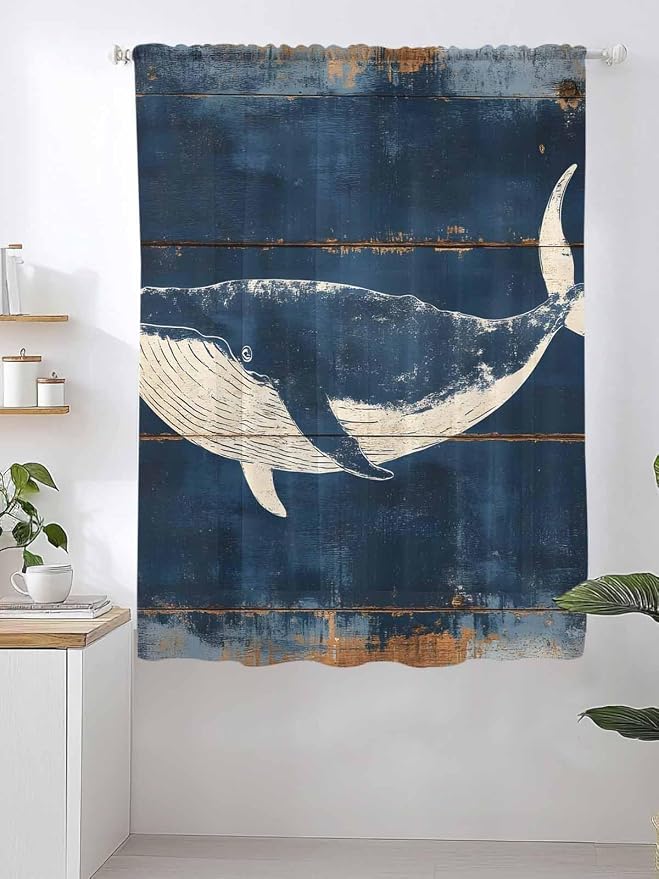 Sheer Curtains 63 Inch Length, Summer Whale Blue Semi Sheer Curtains Light - Image 2