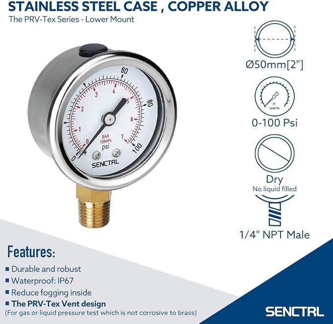 SENCTRL 0-100 Psi Pressure Gauge, 1/4 NPT Lower Mount, Waterproof, Stainless - Image 2
