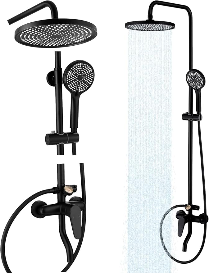 Outdoor Shower Fixture, Black Exposed Shower System with Tub Spout, Dial Thermometer Brass Valve, Wall Mount Outside Shower Faucet Combo with 10'' Rainfall Shower Head for Bath Backyard