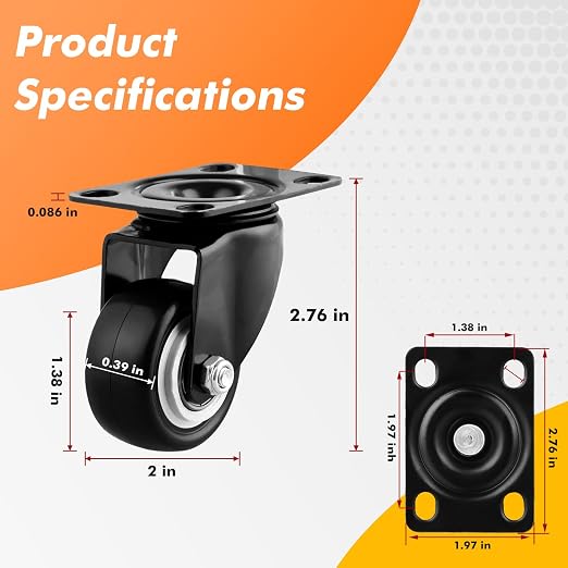 2" Casters Set of 4 Heavy-Duty Industrial Caster Wheels Sturdy Double Ball - Image 3