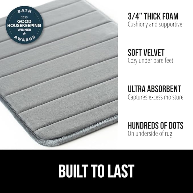 GORILLA GRIP Memory Foam Bath Mat, Soft Absorbent US Designed Bathroom Rug, Gripping Dots Machine Washable Bathmat, Cushioned Floor Mats, Shower Sink Rugs Room Décor Accessories, 30x20 Graphite Gray