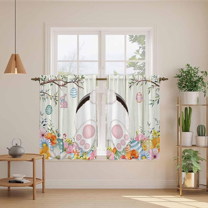 Easter Kitchen Tier Curtains 45 Inch Long 2 Panel Set, Rod Pocket Short Window - Image 3