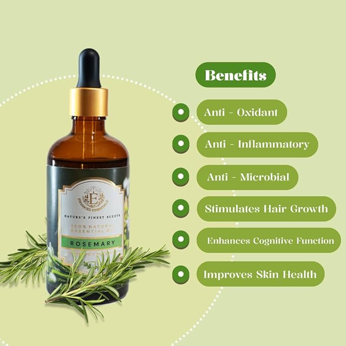 Luxurious Rosemary Essential Oil by Enhanced Essentials|Undiluted & Pure|for Hair Care,Skin Care, Aromatherapy,Bath,Massage,Gifting,Soap & Candle Making|with Glass Dropper| 3.38 fl oz (100 ml)