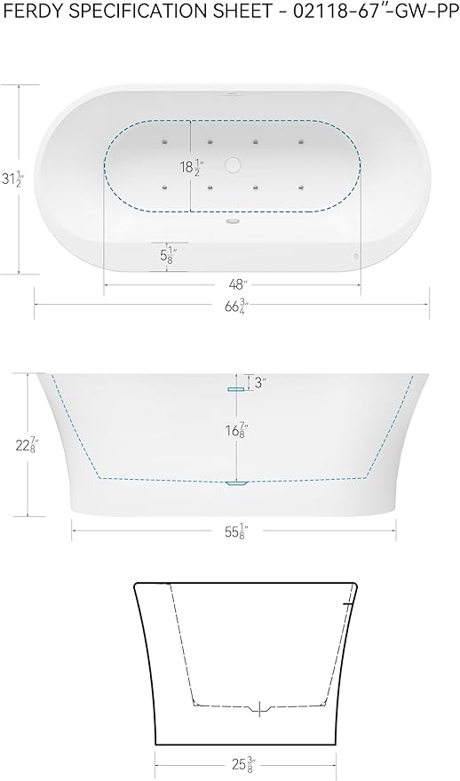 FerdY Mauritius 67 Inch Acrylic Freestanding Whirlpool Bathtub, Oval with 8 Water SPA Jets Morden White Stand Alone Jetted Tub, Luxury Acrylic Free Stand Deep Soaking Bath Tub with LED Light
