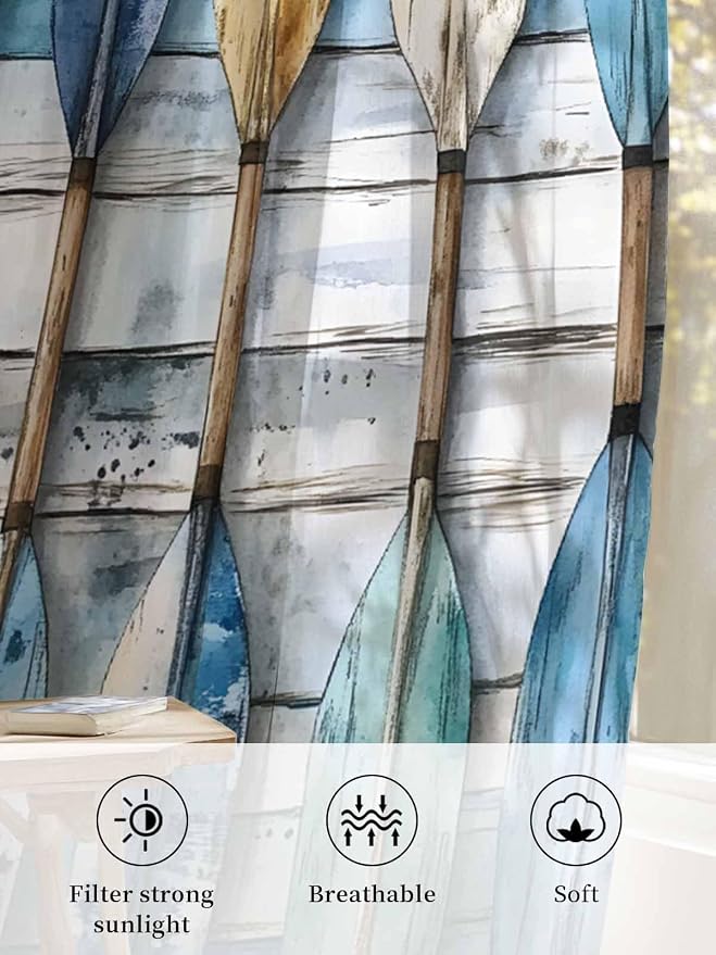 Sheer Curtains 84 Inches Long, Lake Paddle Striped Semi Sheer Curtains Light - Image 6