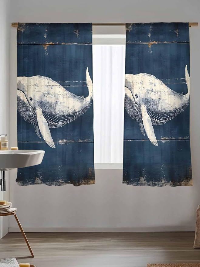 Sheer Curtains 63 Inch Length, Ocean Vintage Whale Semi Sheer Curtains Light - Image 5