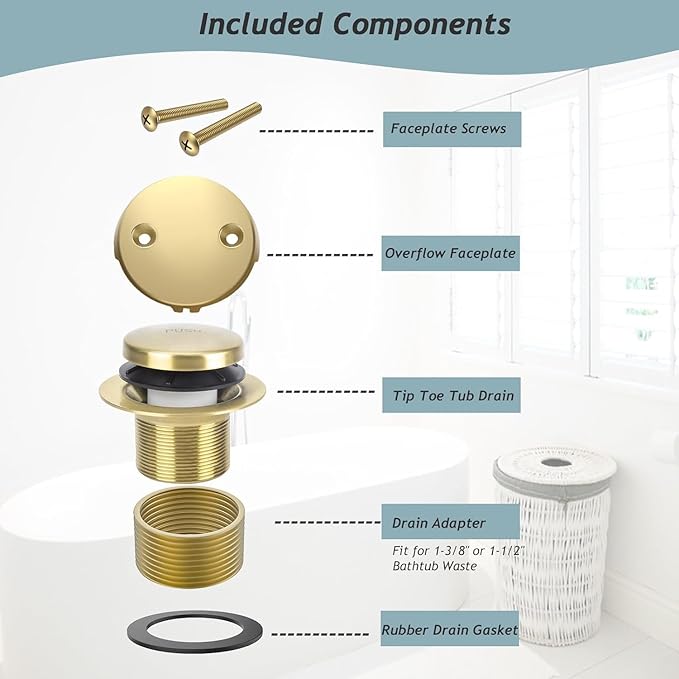 Tip-Toe Bathtub Drain Kit with Two-Hole Overflow Plate, Premium Quality Bath Tub Drain Replacement, Universal Fine/Coarse Thread Bathtub Stopper (Brushed Gold)