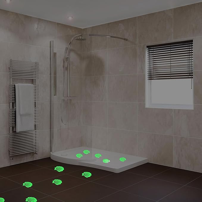 12 Pcs Non Slip Bathtub Stickers Luminous Green Adhesive Decals Sea Shell Shape Shower Stickers for Floor, Ladders, Bath Tub, Stairs, Bathroom