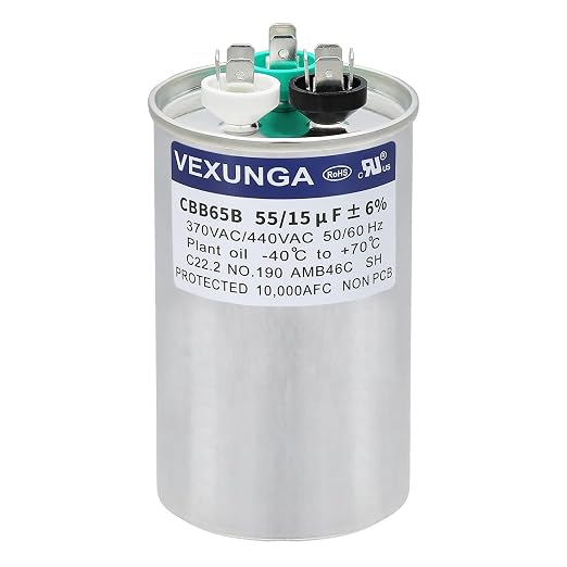 VEXUNGA 55/15 uF 55+15 MFD 370VAC or 440VAC Dual Run Start Round A/C Capacitor by VEXUNGA