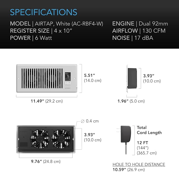 AC Infinity AIRTAP T4 White, Register Booster Fan - Image 6