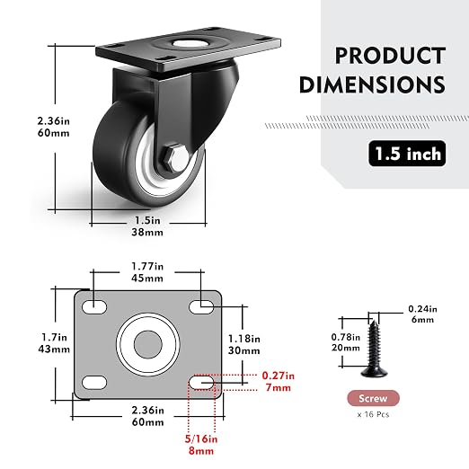1.5 Inch Caster Wheels for Furniture, Small Casters Set of 4, Load 400lbs - Image 2
