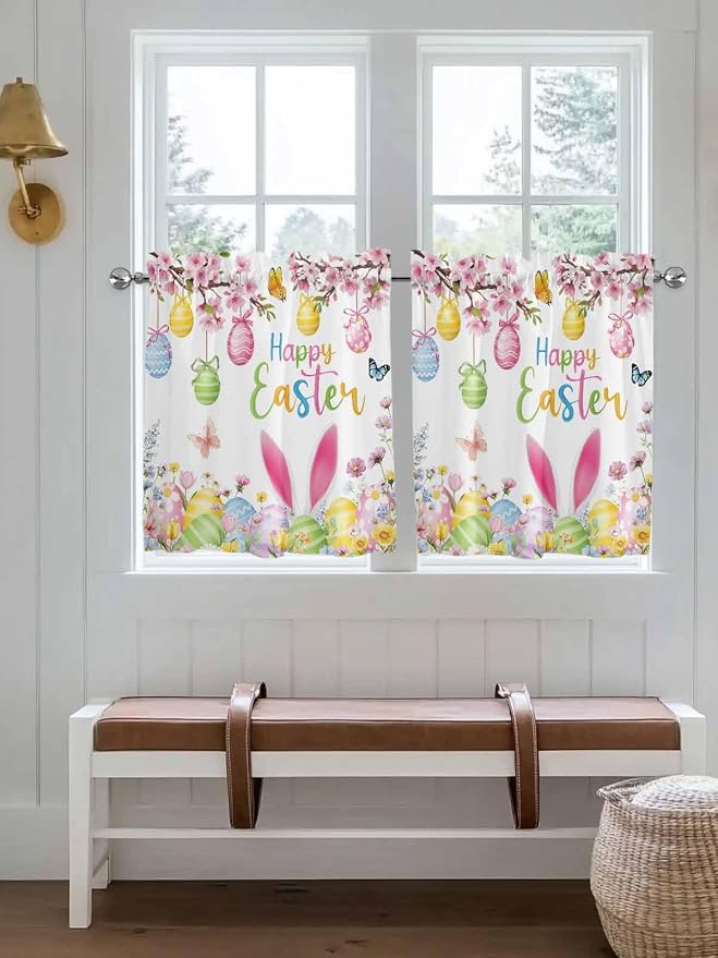 Happy Easter Half Window Curtain 36 Inches Long, Spring Watercolor Bunny Eggs - Image 4
