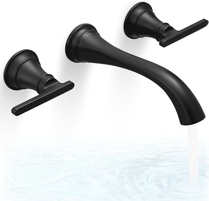 Brass Tub Filler Wall Mount 3 Hole, Farmhouse Black Tub Faucet, High Pressure 2 Handle Matte Black Bathtub Faucet Set with Long Spout Reach, Rough-in Valve