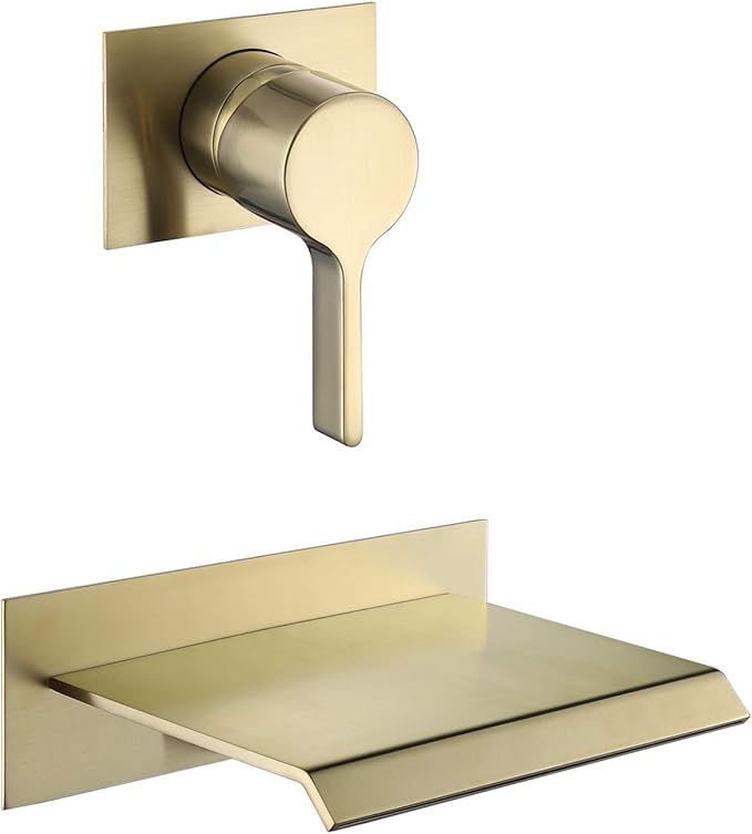 sumerain Wall Mount Tub Faucet Brushed Brass with Waterfall Tub Spout and Rough in Valve, High Flow