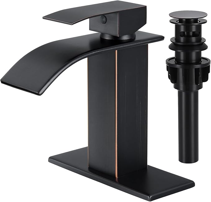 Bathroom Faucets Oil Rubbed Bronze Waterfall Bathroom Sink Faucet Modern Single Handle Bathroom Faucet for 1 or 3 Hole Mxier Tap Washbasin Faucet with Deck, Pop-up Drain and Supply Hoses