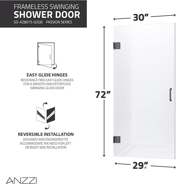 ANZZI 72" x 30" Frameless Shower Door in Gun Metal Black, Passion Water Repellent Glass Shower Door with Seal Strip Parts and Handle, 3/8 Glass Hinged Shower Door with Handle (SD-AZ09-02GB)
