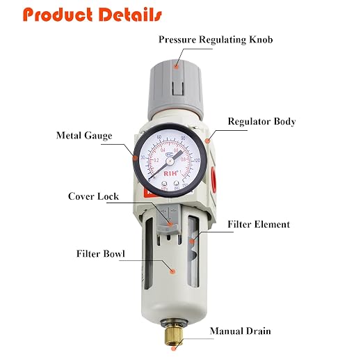 RIH Pneumatics 1/2"NPT Air Filter Pressure Regulator Combo Piggyback, 5 Micron - Image 2