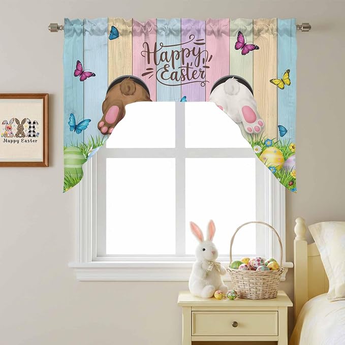 Swag Valance Curtains, Happy Easter Rabbit Butt Egg on Daisy Leaf Rod Pocket - Image 8