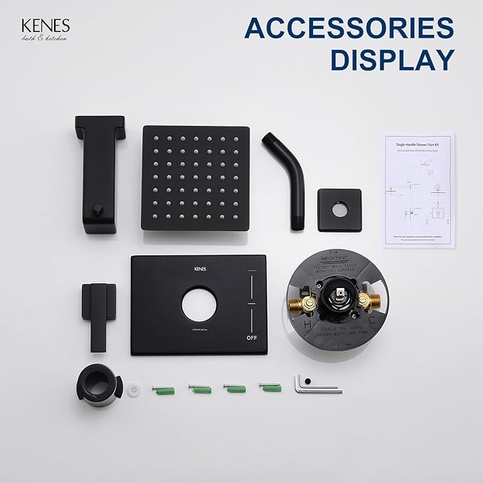 KENES Tub Shower Faucet Set Complete, Matte Black Tub and Shower Trim Kit with 6-Inch Rain Shower Head, Square Shower System, KE-6025A-2 (Shower Valve Included)