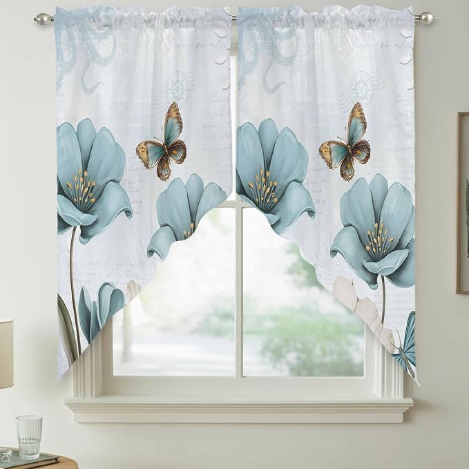Blue Tulips Swag Valances for Windows, Watercolor Flowers Butterfly Spring - Image 7