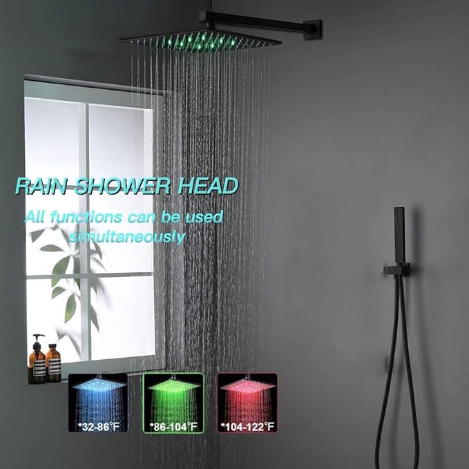 Thermostatic Shower System Matte Black Shower Fixtures 12 Inch Wall Mounted Full Body Shower System with Tub Spout, 4 Way Shower Faucet with 6 PCS Body Jets, Handheld Shower