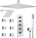 Thermostatic Shower System Dual Shower Heads with 16" Ceiling Mounted Rain Shower Head & 6" Wall Mounted Head 4 Function Full Body Shower System with body jets Can All Run Together, Chrome