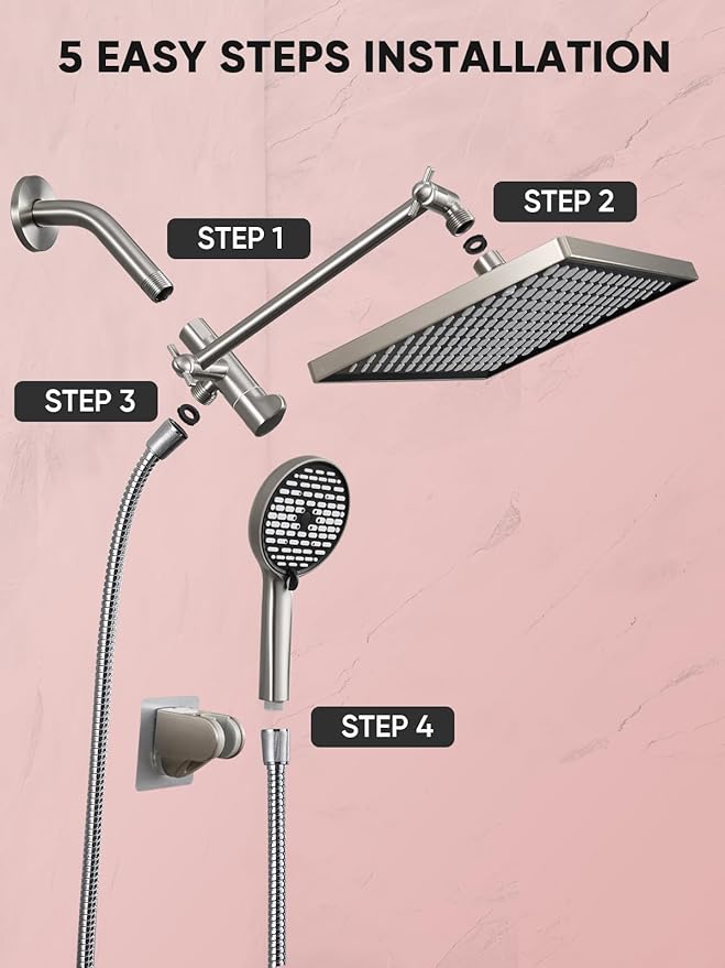 Cobbe 11.8 Inch Rain Shower Head with 6 Modes Handheld Water Spray，High Pressure Showerhead Combo with 11 Inch Adjustable Extension Arm, Brushed Nickel