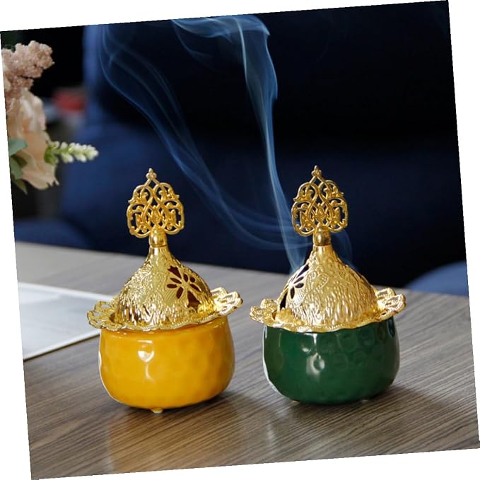 European Style Small Green Ceramic Incense Burner Metal Censer - Image 3