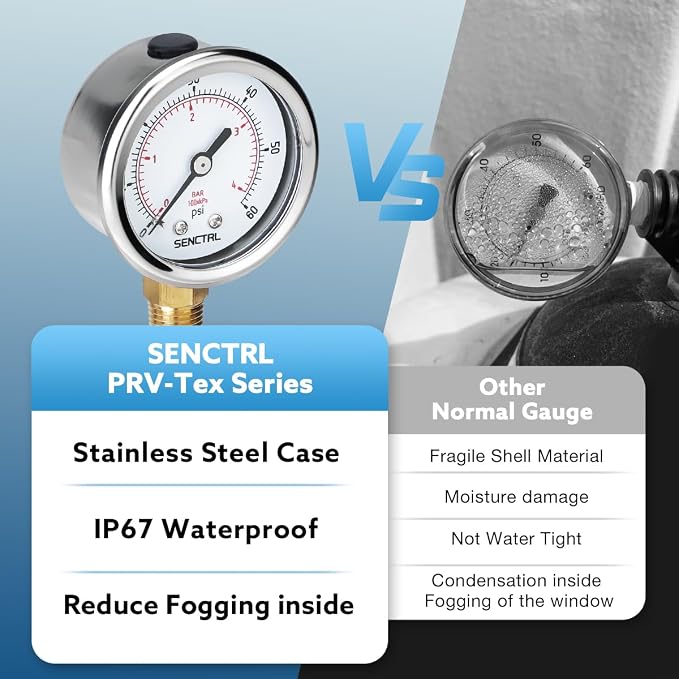 SENCTRL 0-60 Psi Pressure Gauge, 1/4 Npt Lower Mount, Waterproof, Stainless - Image 3