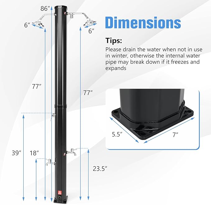 Goplus 9.3 Gallon Solar Heated Outdoor Shower, 7.2 FT Freestanding Garden Shower with Dual Swivel Shower Heads & 2 Foot Showers, Adjustable Temperature,for Poolside Backyard Beach