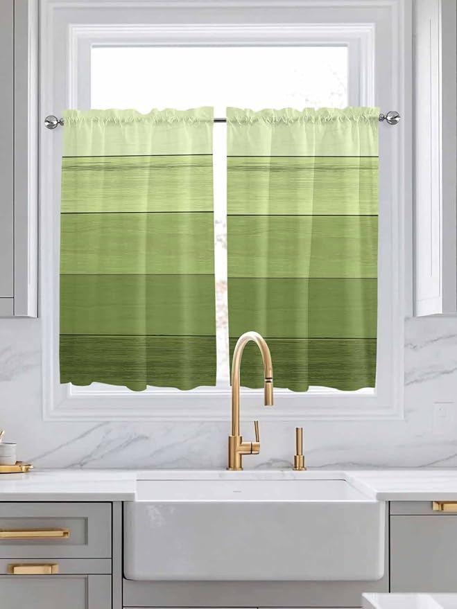 Gradient Green Wooden Board Window Valance Curtains, Retro Country Wood Grain - Image 2