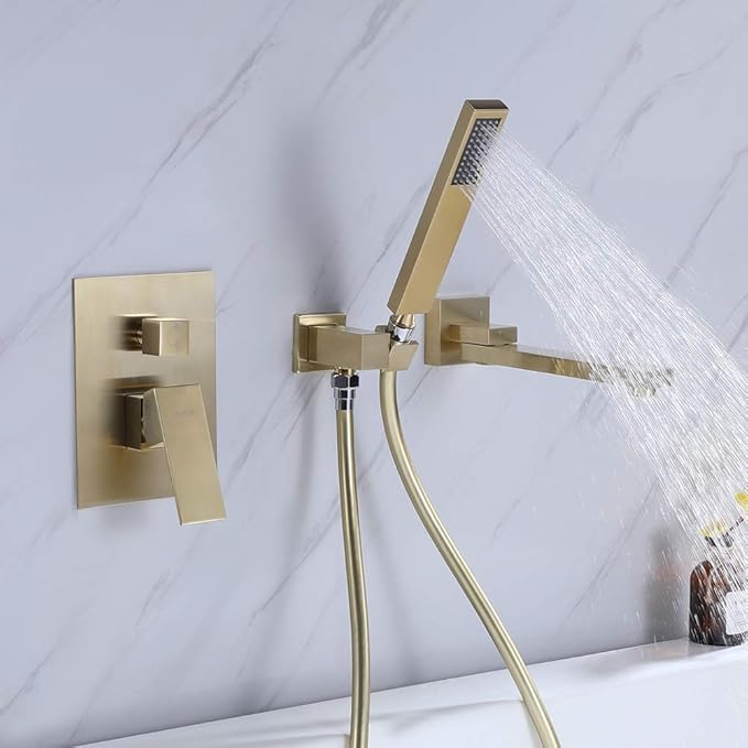 Wall Mounted Bathtub Faucet with Handheld Shower, Solid Brass 180° Swivel Bathroom Tub Filler Faucet with Hand Shower Modern Single Handle Tub Faucet Set, Brushed Gold