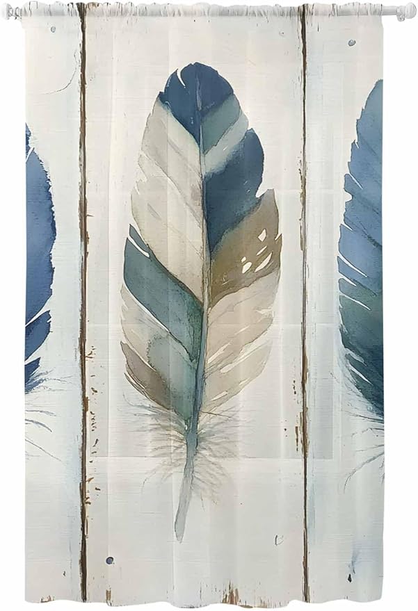 Sheer Curtains 84 Inches Long, Boho Blue Feathers Semi Sheer Curtains Light by Unknown