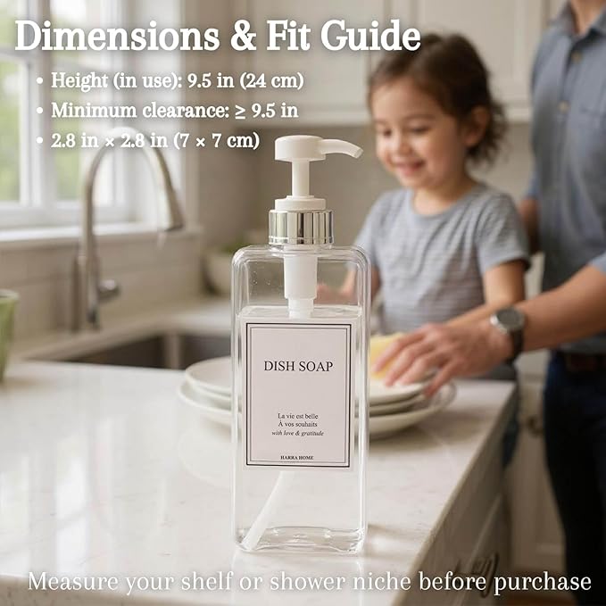 Modern Design Shampoo and Conditioner Dispenser, Large 27oz Shower Soap Dispenser, Set of 3 Refillable Empty Plastic Pump Bottles for Bathroom, 6 Waterproof Labels Included, (Clear & Silver)