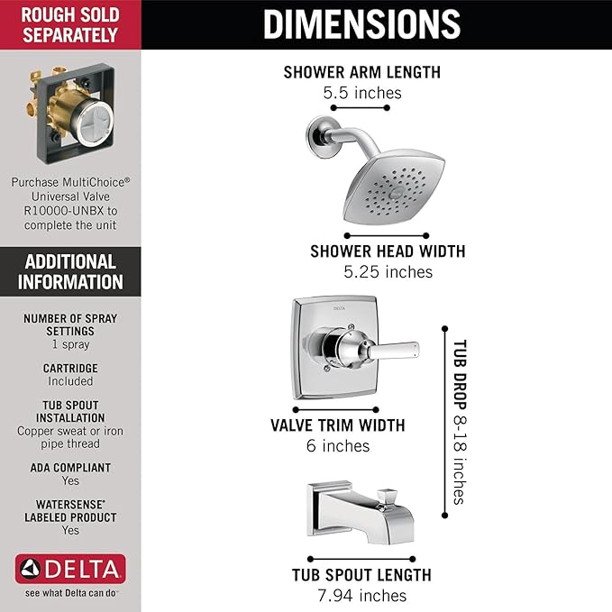 Delta Faucet Ashlyn 14 Series Single-Handle Tub and Shower Trim Kit, Shower Faucet with Single-Spray Touch-Clean Shower Head, Chrome T14464 (Valve Not Included)