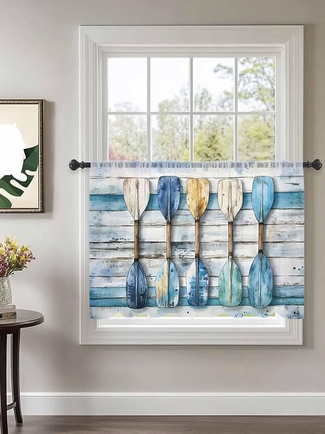 Sheer Curtains 54 Inch Length, Lake Paddle Striped Semi Sheer Curtains Light - Image 2