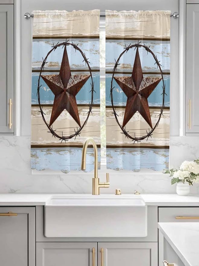 Vintage Western Star on Wood Grain Window Valance Curtains, Retro Wooden - Image 3