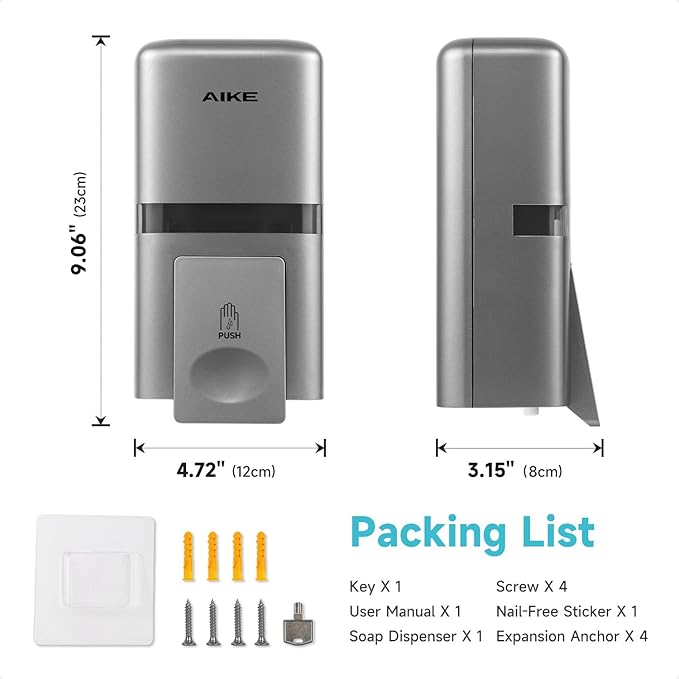 AIKE Wall Mount Liquid Soap Dispenser, 27oz Large Capacity with Extended Pump for Commercial Bathrooms,AK1008(Silver)