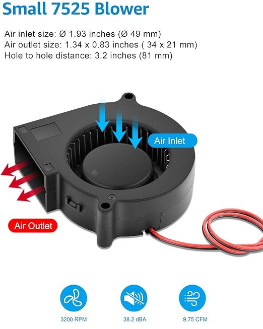 GDSTIME 75mm x 25mm Blower 12V, 7525 DC Brushless Turbo Cooling Fan 2-Pin 2-Pack - Image 4