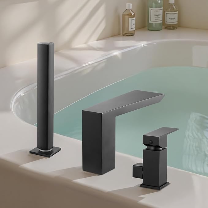 VEVOR Roman Tub Faucet, 3 Hole Waterfall Bathtub Faucet, Roman Bathtub Faucets Set with Shower Head & 1 Handle, Romans Bathtub Faucets for Pet Washing, Adult Bathing, Matte Black, Stainless Steel
