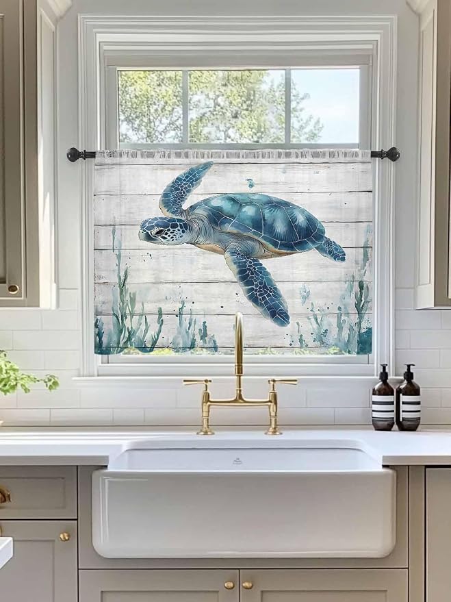 Sheer Curtains 45 Inch Length, Teal Green Ocean Turtle Semi Sheer Curtains - Image 3