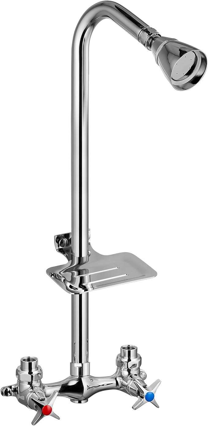 Aolemi Outdoor Shower Kit,Outdoor Shower Fixtures Faucet System with Brass Showerhead,Double Handle Exposed Shower with Brass Mix Valve,6 Inch Center with Soap Dish,Pipe Upward,Polish Chrome