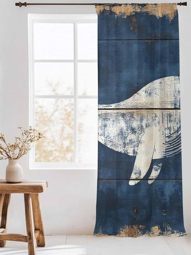 Sheer Curtains 84 Inches Long, Ocean Whale Blue Semi Sheer Curtains Light - Image 3