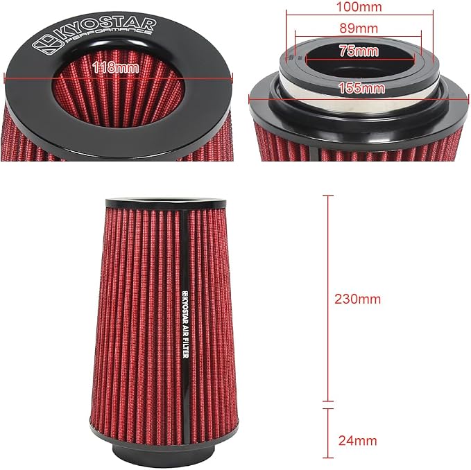 Universal 3/3.5/4" High-Flow Air Filter, Reusable Cone Cold Air Intake - Image 2